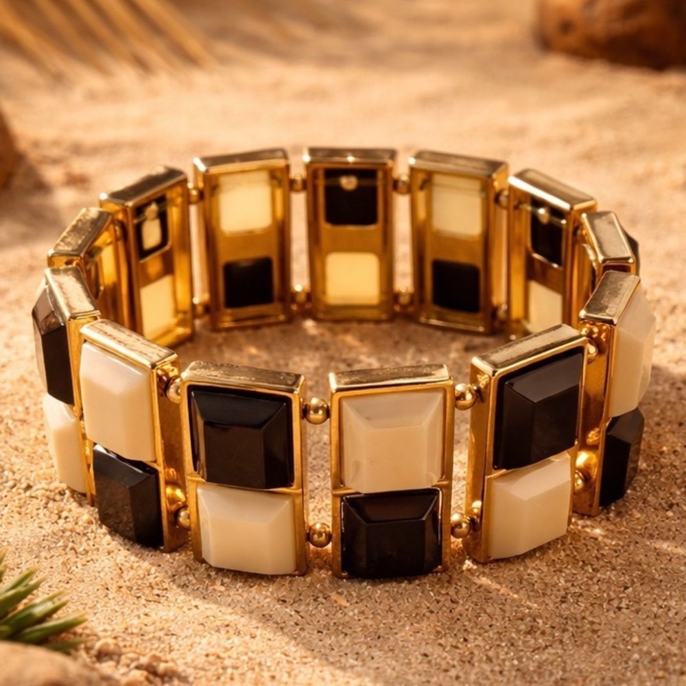 Women Gold Tone Black Cream Resin Checkerboard Stretch Panel Statement Bracelet